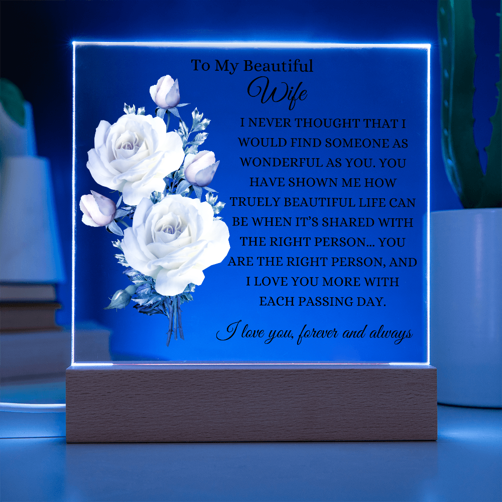 Acrylic Square Plaque/WHT Roses/To My Beautiful Wife