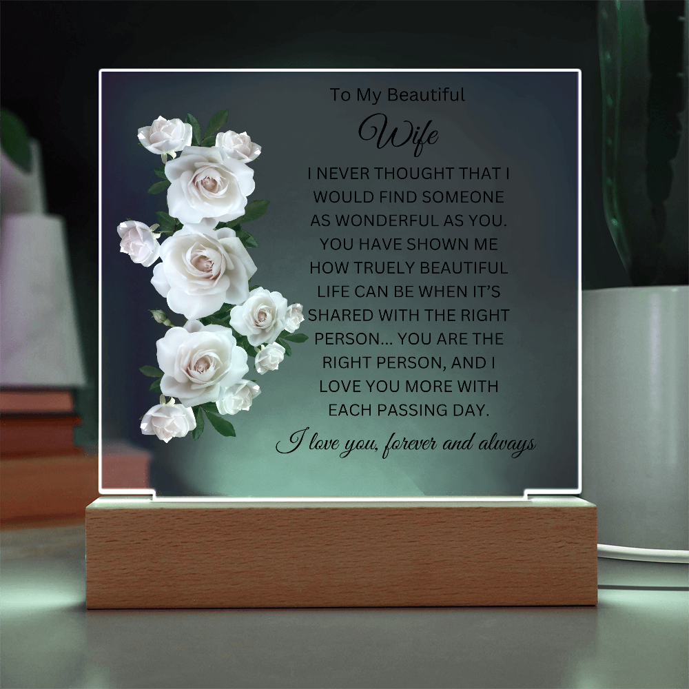 Acrylic Square Plaque/Left Side Roses/To My Beautiful Wife