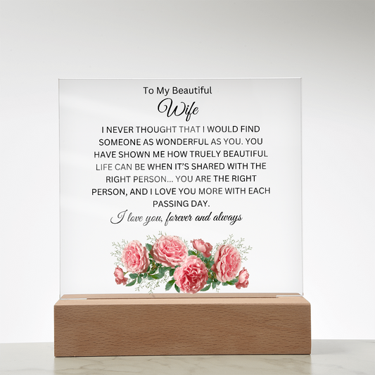 Acrylic Square Plaque/Pink Carnation/To My Beautiful Wife