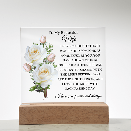 Acrylic Square Plaque/WHT Roses/To My Beautiful Wife