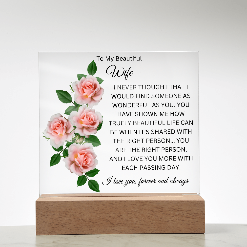 Acrylic Square Plaque/Pink Roses/To My Beautiful Wife