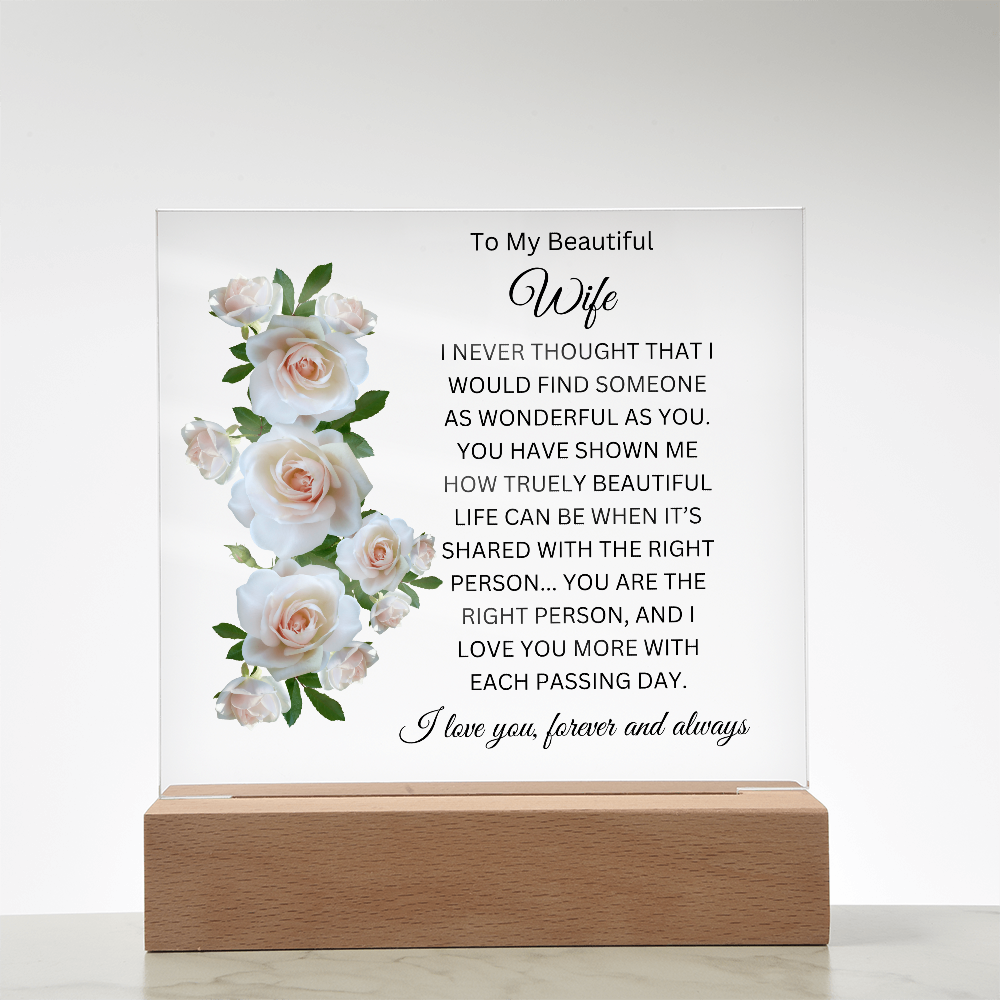 Acrylic Square Plaque/Left Side Roses/To My Beautiful Wife