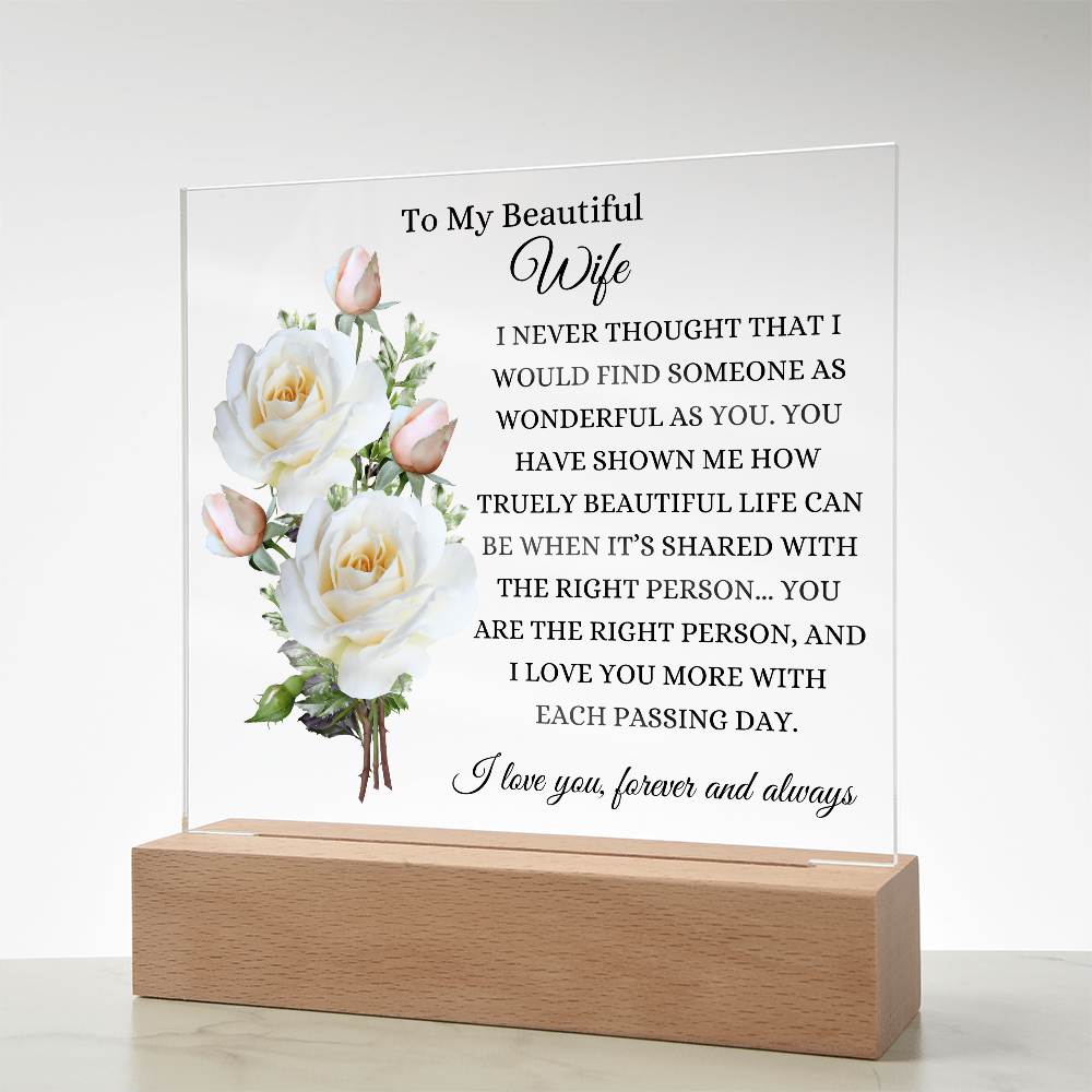 Acrylic Square Plaque/WHT Roses/To My Beautiful Wife