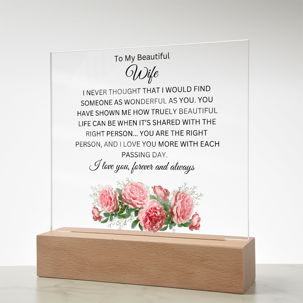 Acrylic Square Plaque/Pink Carnation/To My Beautiful Wife