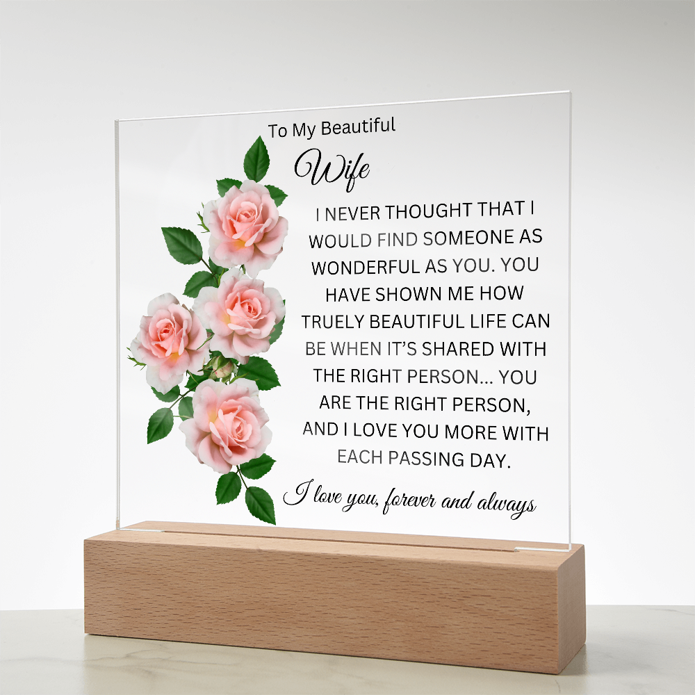 Acrylic Square Plaque/Pink Roses/To My Beautiful Wife