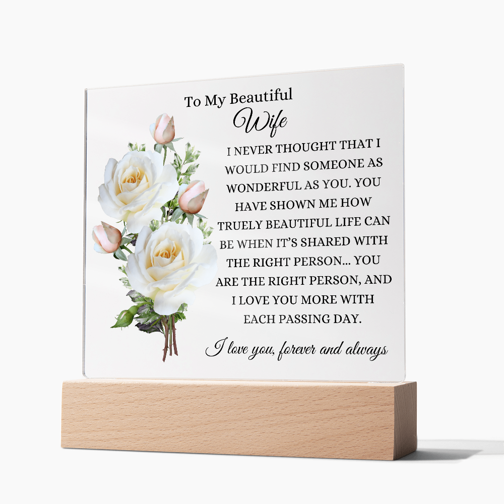 Acrylic Square Plaque/WHT Roses/To My Beautiful Wife