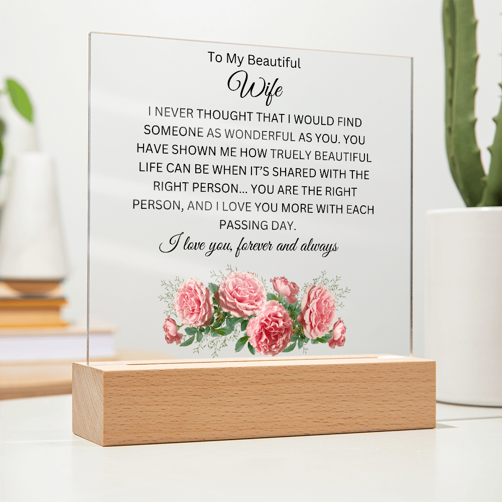 Acrylic Square Plaque/Pink Carnation/To My Beautiful Wife